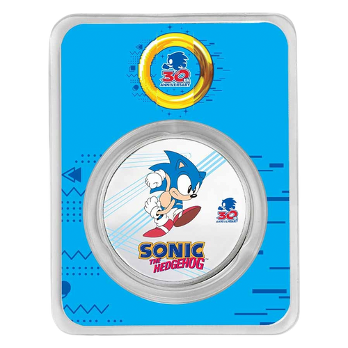 2021 Niue Sonic the Hedgehog 30th Anniversary – Sonic Colorized 1 oz Silver Coin – design side shown in TEP packaging