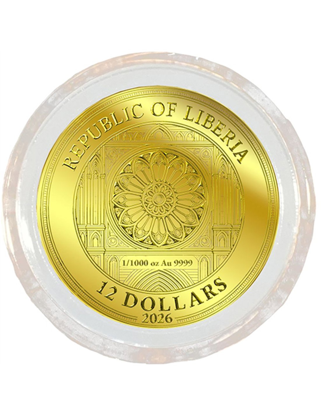NOTRE DAME 1/1000 Oz Gold Coin In Card 12$ Liberia 2026