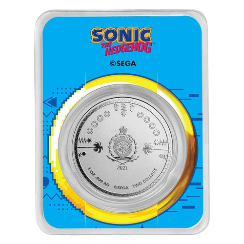2021 Niue Sonic the Hedgehog 30th Anniversary – Sonic Colorized 1 oz Silver Coin – issuer side shown in TEP packaging