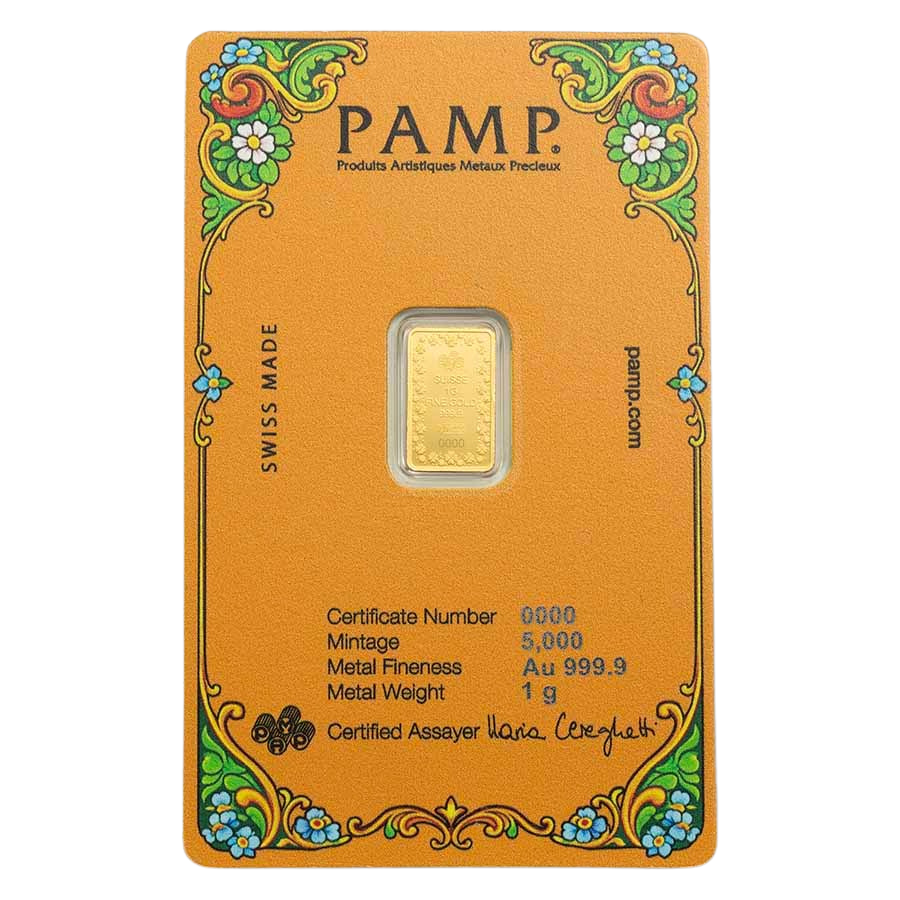 PAMP Suisse Lucky Pig 1g Gold Bar with Sleeve – reverse of PAMP assay card