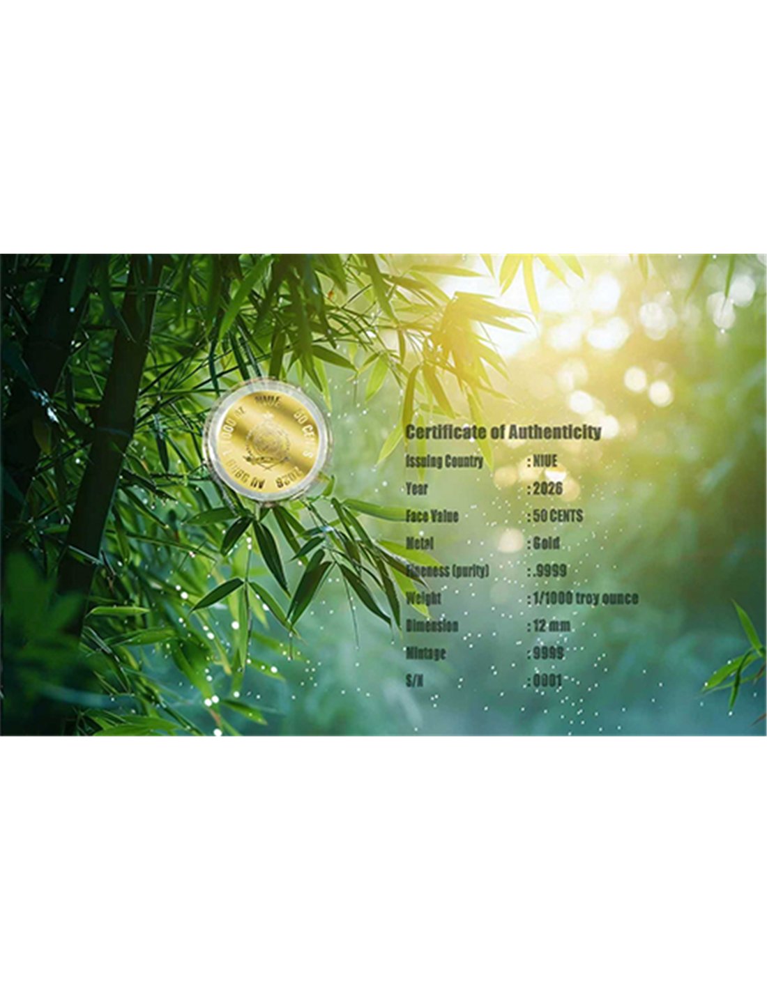 CHINESE PANDA 1/1000 Oz Gold Coin In Card 50 Cents Niue 2026
