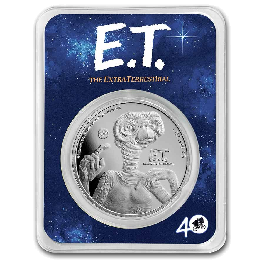 2022 Niue E.T. 40th Anniversary 1 oz Silver Coin – design side shown in TEP packaging