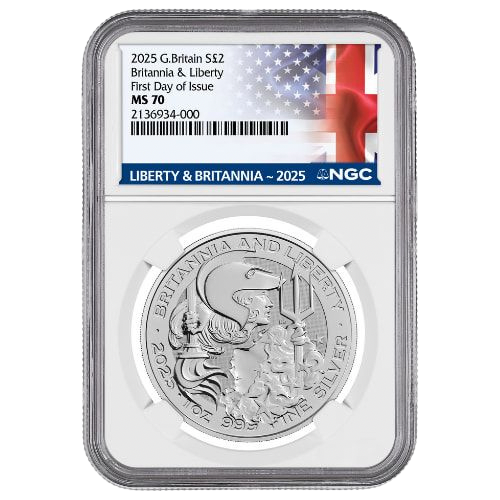2025 Britannia & Liberty 1 oz Silver NGC MS70 First Day of Issue