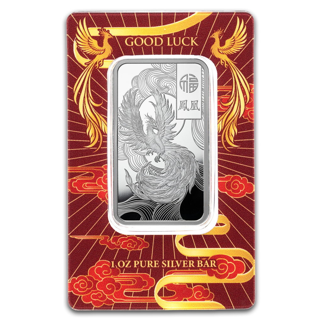 PAMP Suisse Good Luck Phoenix 1 oz silver bar – design side in CertiPAMP packaging