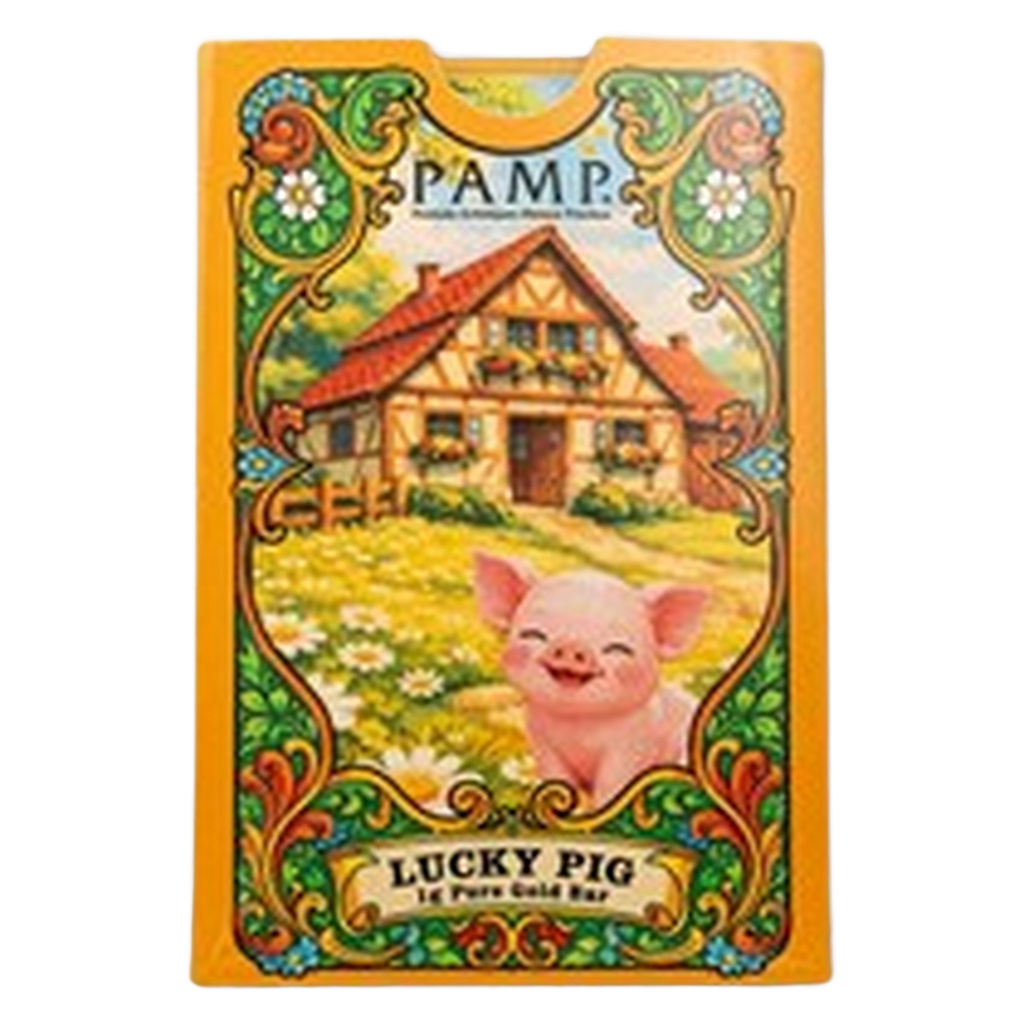 PAMP Suisse Lucky Pig 1g Gold Bar with Sleeve – front of the illustrated Lucky Pig sleeve