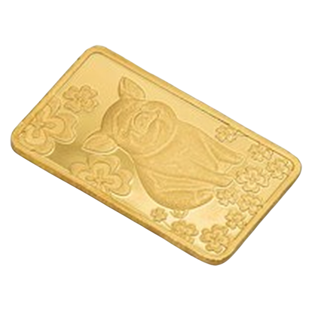 PAMP Suisse Lucky Pig 1g Gold Bar with Sleeve – angled view of the Lucky Pig design side