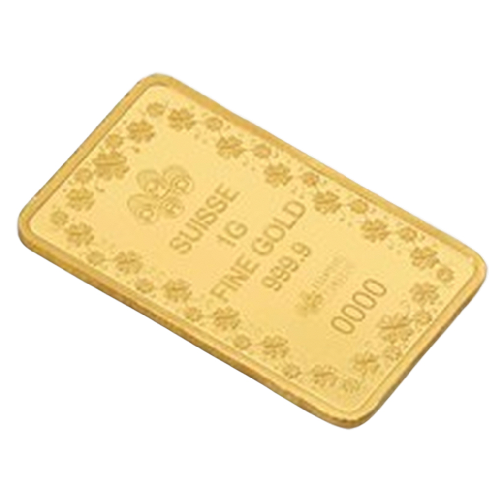 PAMP Suisse Lucky Pig 1g Gold Bar with Sleeve – angled view of the PAMP Suisse reverse