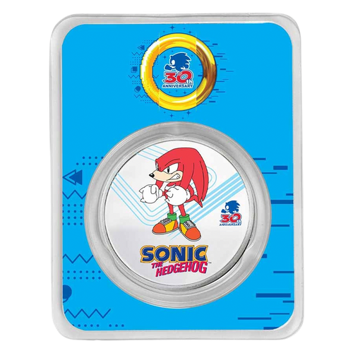 2021 Niue Sonic the Hedgehog 30th Anniversary – Knuckles Colorized 1 oz Silver Coin – design side shown in TEP packaging