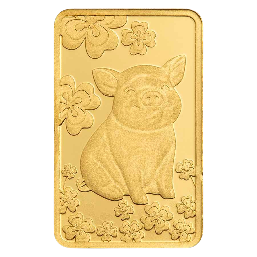 PAMP Suisse Lucky Pig 1g Gold Bar with Sleeve – Lucky Pig design side of the 1g gold bar