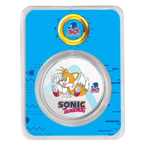 2021 Niue Sonic the Hedgehog 30th Anniversary – Miles “Tails” Colorized 1 oz Silver Coin – design side shown in TEP packaging