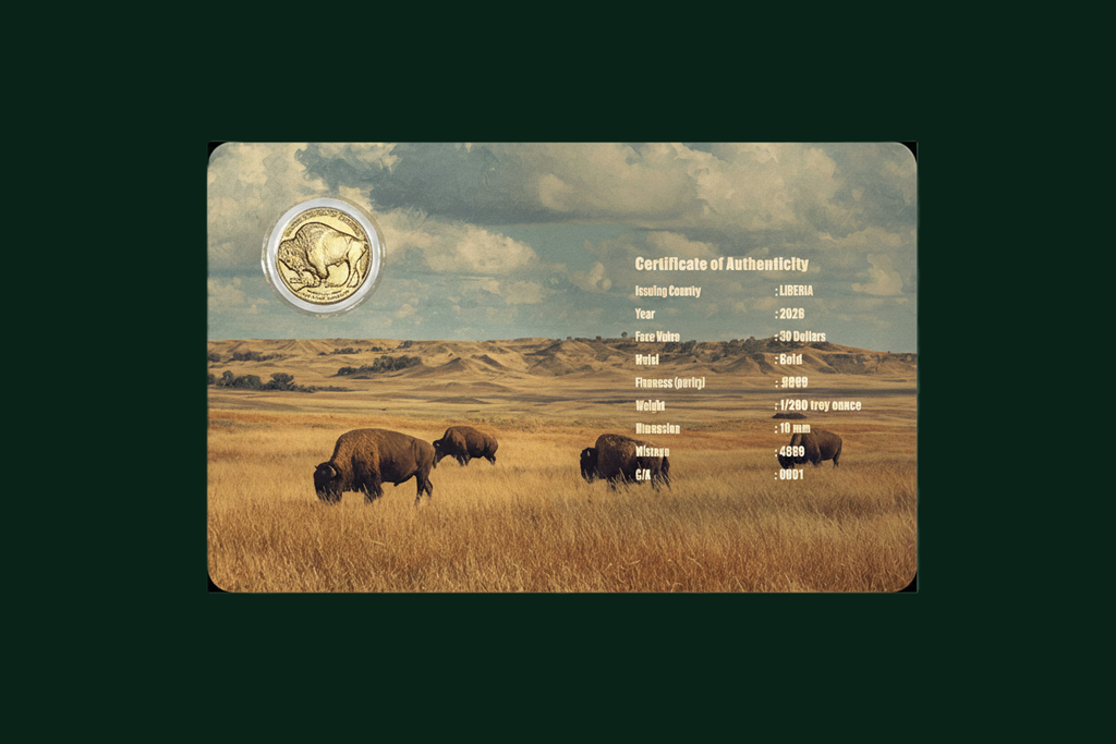 AMERICAN BUFFALO 1/200 Oz Gold Coin in Card 30$ Liberia 2026
