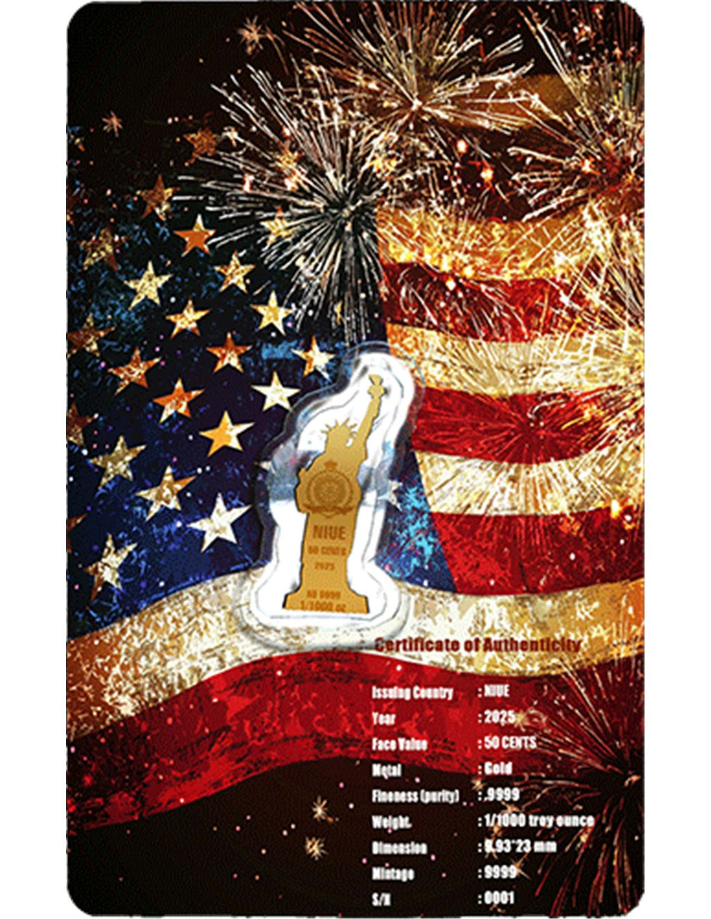 4TH OF JULY STATUE OF LIBERTY 1/1000 oz Gold Coin in Card Niue 2025