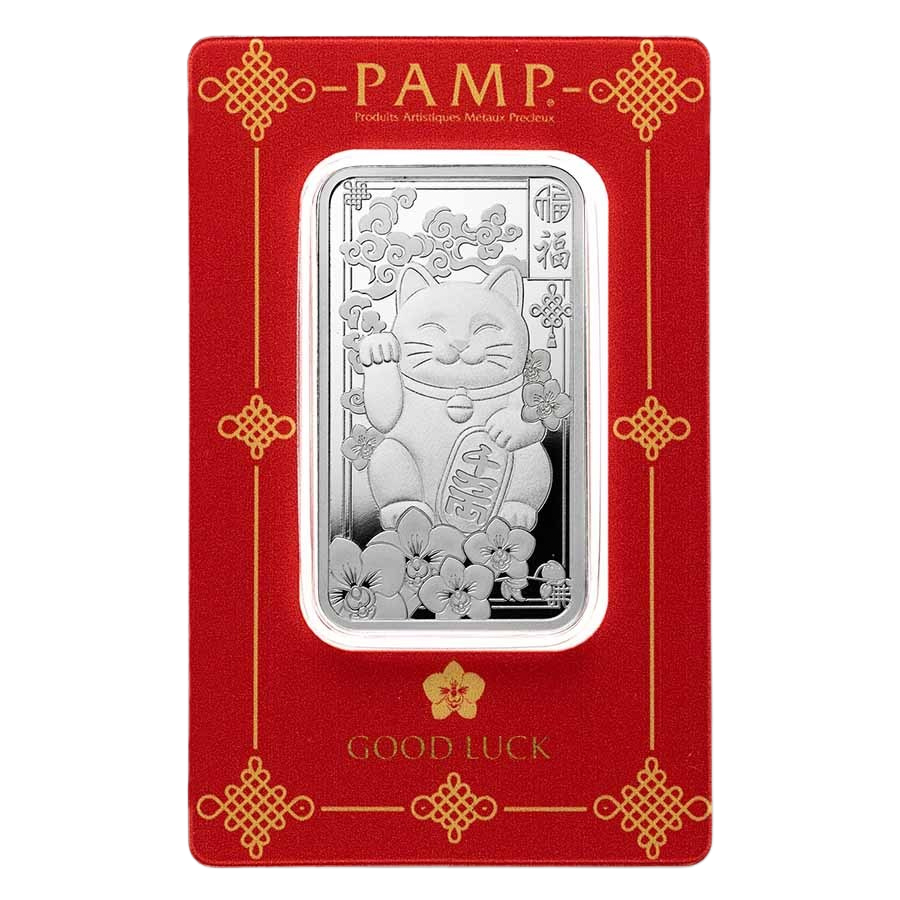 PAMP Suisse Lucky Cat 1oz Silver Bar – front of PAMP assay card