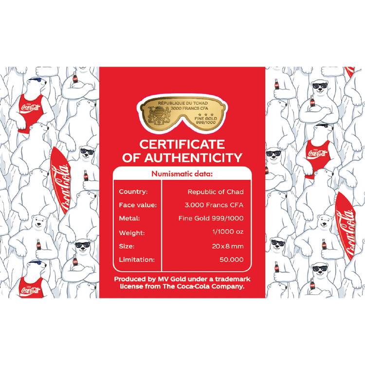 Coca Cola Sunglasses 1/1000 Oz .999 Gold in Coin card 2023