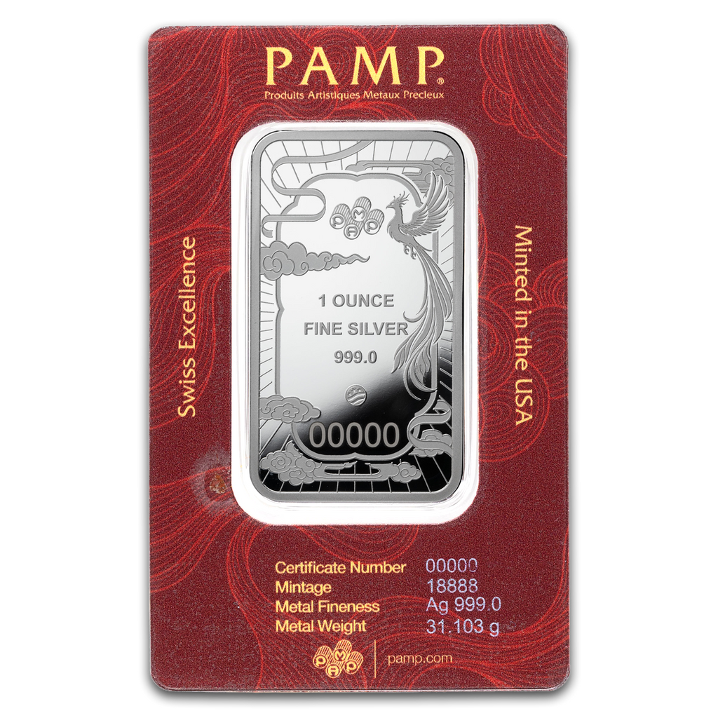 PAMP Suisse Good Luck Phoenix 1 oz silver bar – reverse in CertiPAMP packaging