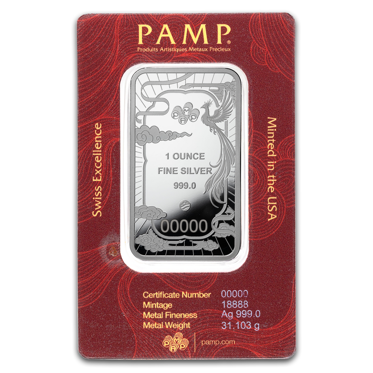 PAMP Suisse Good Luck Phoenix 1 oz silver bar – reverse in CertiPAMP packaging