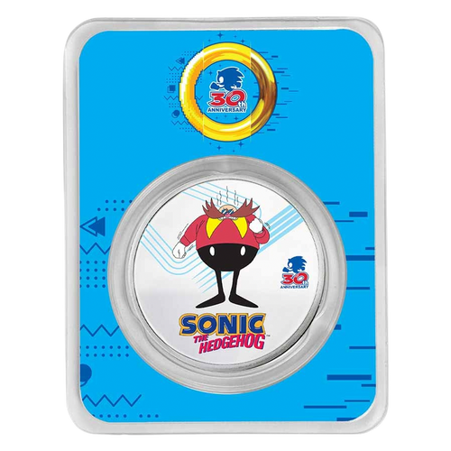 2021 Niue Sonic the Hedgehog 30th Anniversary – Doctor Eggman Colorized 1 oz Silver Coin – design side shown in TEP packaging