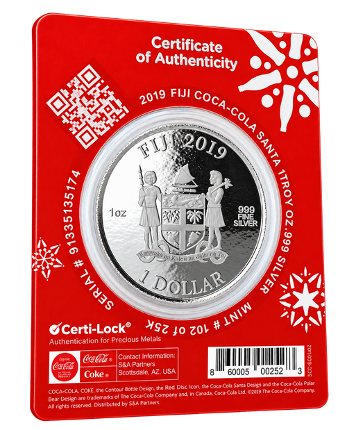 2019 Fiji Coca-Cola Santa 1 oz silver coin – Fiji reverse in Certi-Lock packaging